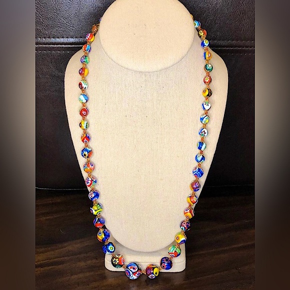 VINTAGE Graduated Millefiori Italian Hand Blown Glass Bead Necklace 24” - Picture 14 of 15